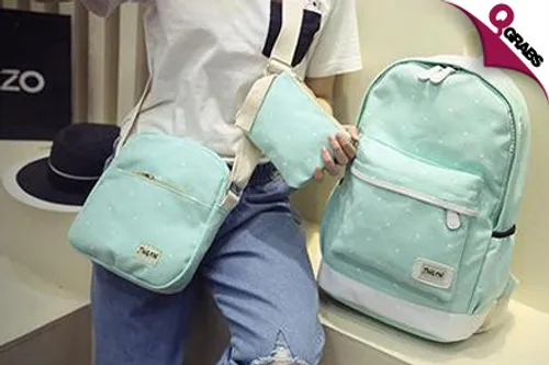From QR79 Get a Set of 3 Polka Dot Bags - 1 Backpack, 1 Sling Bag & 1 Zip Pouch! (Up to QR270 Value)